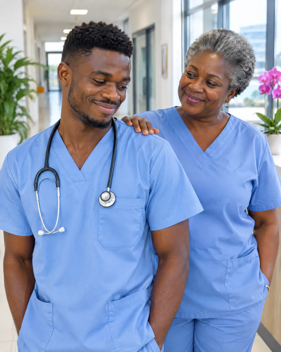 A young nurse in blue scrubs smiles shyly as an older nurse rests a hand on his shoulder in a bright clinic corridor.
